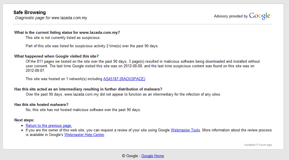 Google Safe Browsing diagnostic page for www.lazada.com.my