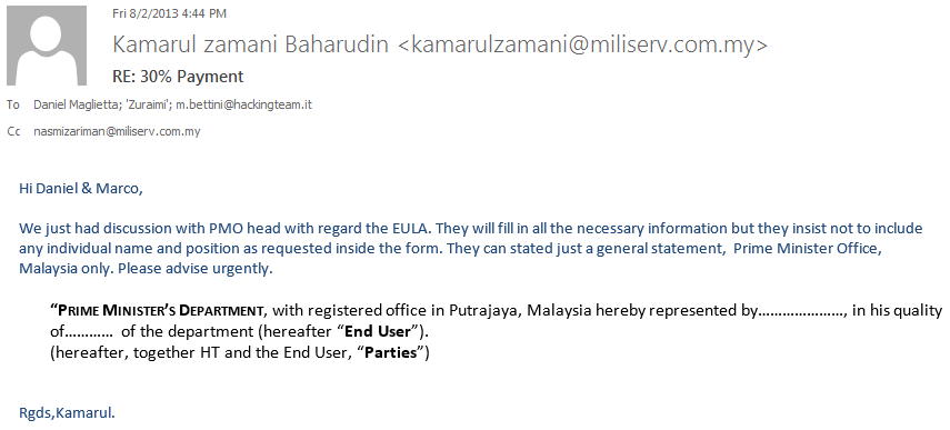 E-mail from Miliserv to Hacking team stipulating the end-customer as the Prime Ministers Department
